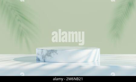 Produktdisplay Podium mit Marmorwand und hinterlässt Schatten. 3D Podium Illustration Rendering. Stockfoto