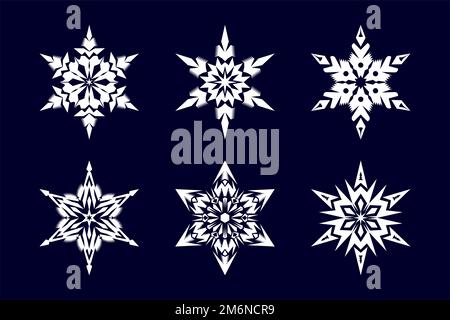 Weiße Schneeflocke auf blauem Hintergrund. Handgefertigte Schneeflocken mit komplexen Details. Mandala-Konzept. Komplexe geometrische Formen. Neues Jahr. Vektor Stock Vektor