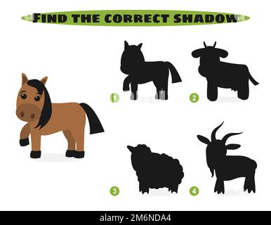 Finde den richtigen Schatten. Süße Bauernhoftiere. Bildungsspiel. Stock Vektor