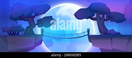 Fantastische Landschaft mit Bergen und hölzerne Hängebrücke über den Abhang zwischen den Klippen im Dschungel. Hintergrund der Cartoon-Fantasie mit Felsen, Sternen, Bäumen und großem Mond am dunklen Himmel bei Nacht. Stock Vektor