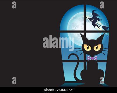 Happy Halloween Vector Grußkartenvorlage mit Einer schwarzen Katze am Fenster und Textbereich. Stock Vektor