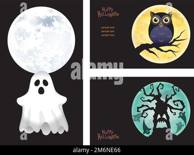 Set mit „Happy Halloween“-Vektorvorlagen für Grußkarten mit dem Mond, Einem Geist, einer Eule und Einem Spukbaum. Stock Vektor