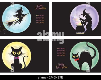 Set Von „Happy Halloween“-Vektorkarten-Vorlagen Mit Vollmond, Hexen, Schwarzen Katzen Und Textbereich. Stock Vektor