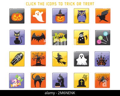 Satz von Happy Halloween-Vektor-Benutzeroberflächensymbolen und -Schaltflächen, isoliert auf weißem Hintergrund. Stock Vektor