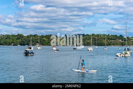 Leute auf Paddle Boards und Yachten auf River Dart über Dittisham und Greenway Quay, Devon, England Stockfoto