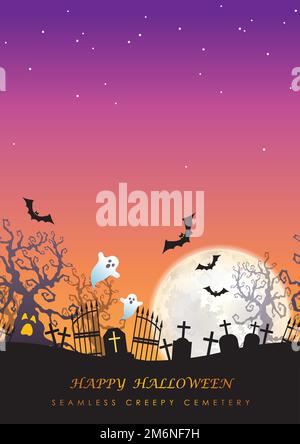 Happy Halloween Vector Nahtlose Hintergrunddarstellung Mit Dem Mond, Dem Friedhof, Geistern, Fledermäusen Und Dem Textbereich. Horizontal Wiederholbar. Stock Vektor