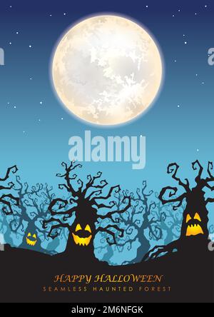 Happy Halloween Vector Seamless Haunted Forest Hintergrund Mit Full Moon, The Death, Haunted Forest Und Text Space. Horizontal Wiederholbar. Stock Vektor