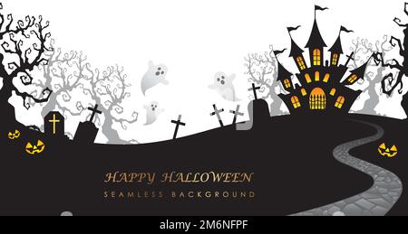 Happy Halloween Vector Seamless Background Illustration Mit Haunted Mansion, Friedhof Und Text Space. Horizontal Wiederholbar. Stock Vektor