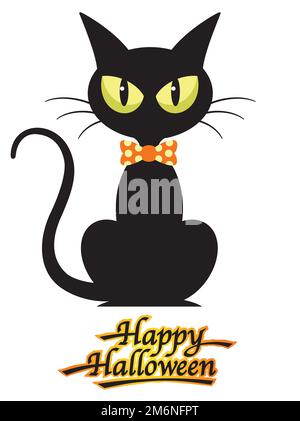 Vector Black Cat Illustration mit Happy Halloween Logo isoliert auf weißem Hintergrund. Stock Vektor