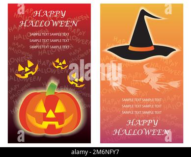 Set mit „Happy Halloween“-Vektorvorlagen mit einem Jack-O’-Lantern und einem Hexenhut. Stock Vektor