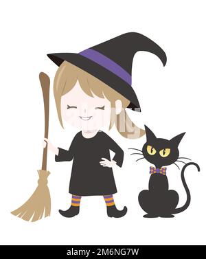 Süße Hexe mit einer schwarzen Katze, die ihre magischen Kehrbesen isoliert auf weißem Hintergrund hält. Vector-Halloween-Illustration. Stock Vektor