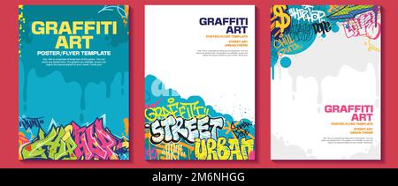 Modernes Graffiti-Poster- oder Flyer-Design mit bunten Anhängern, kotzen. Handgezeichneter abstrakter Graffiti-Illustrationsvektor im Street Art-Thema Stock Vektor