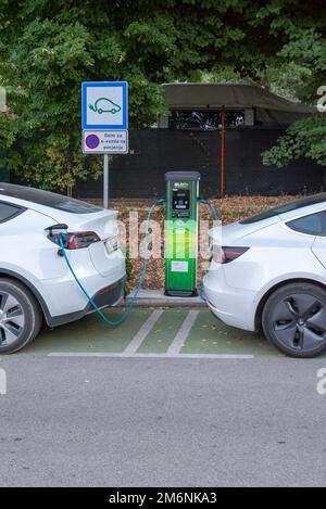 Moscenicka Draga, Kroatien - 11. August 2022 : zwei weiße Tesla-Autos, die an der EV-Ladestation aufgeladen werden, oder Stromversorgung für Elektrofahrzeuge Stockfoto