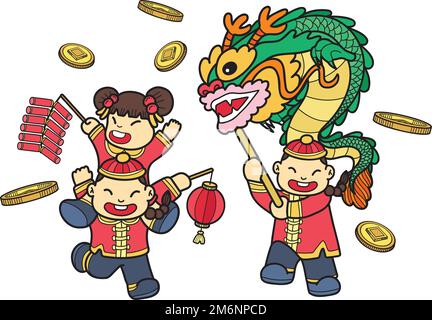 Handgezeichnete chinesische Kinder tanzen Drachen und haben Spaß Illustration isoliert im Hintergrund Stock Vektor