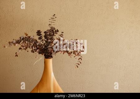 Eukalyptus-trockene braune Blumenvase in modernem Stil auf beigefarbenem Hintergrund. Stockfoto