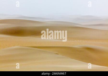 Taklamakan-Wüstensand im Nebel. Tarim-Becken. Autonomus-Region Xinjiang (Sinkiang). China. Stockfoto