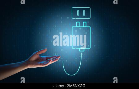 Weibliche Hand und Sockel Symbol auf blauem Hintergrund, neue Ideen Konzept, Metapher Stockfoto
