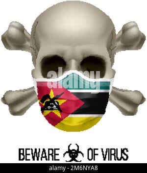 Menschlicher Schädel mit Kreuz und Operationsmaske in der Farbe der Nationalflagge Mosambik. Maske in Form der mosambikanischen Flagge und Schädel als Konzept von Di Stock Vektor