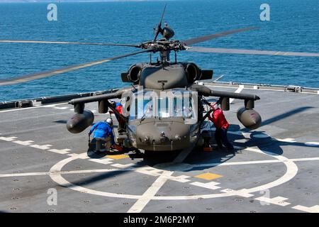 Piloten des 3-2 General Support Aviation Bataillon führen Qualifikationen zur Landung auf Deck durch, um sich für maritime Landungen zu zertifizieren. Abgebildet ist ein UH-60L Blackhawk Hubschrauber, der von US Merchant Marines am Deck der US NS Sacagewea gesichert wird. Stockfoto