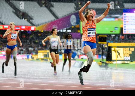 Marlou van Rhijn, mit dem Spitznamen Blade Babe, gewann in den 200m T44 Jahren Gold bei den 2017 World para Athletics Championships im Olympiastadion. Wir Feiern Stockfoto