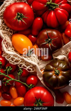 Frische, rohe und bunte Tomaten in verschiedenen Größen und Arten in Öko Netzbeutel Stockfoto