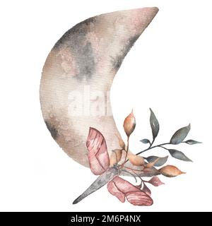 Aquarell schöne sichelförmige Illustration mit Blättern und Motten. Mond, Blumenstrauß und Motte. Zeitgenössische Kunst in sanften, neutralen, trendigen Farben. Stockfoto