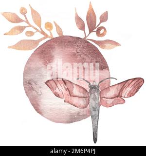 Aquarell wunderschöne Mondillustration mit Blättern und Motten. Mond, Blumenstrauß und Motte. Zeitgenössische Kunst in sanftem, schmutzigem Rot und neutralen, trendigen Farben Stockfoto