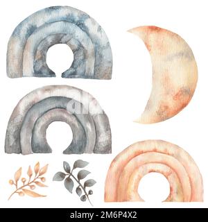 Aquarelle wunderschöne Monde, Regenbögen und halbmondfarbenes Bild mit Ast. Mond und Blatt sind fertig. Zeitgenössische Kunst in sanftem, neutralem Trend Stockfoto