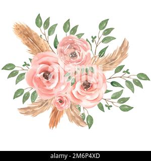 Aquarell handgezeichnete rosa Rosen Blumenstrauß Illustration mit grünen Blättern, Knospen, Federn und Zweig. Hochzeitssträuße. Stockfoto