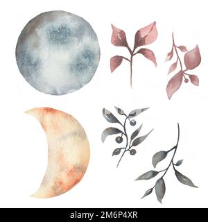 Aquarelle wunderschöne Monde und Mondschein mit Blättern. Mond und Blatt sind fertig. Zeitgenössische Kunst in sanften, neutralen, trendigen Farben. Stockfoto