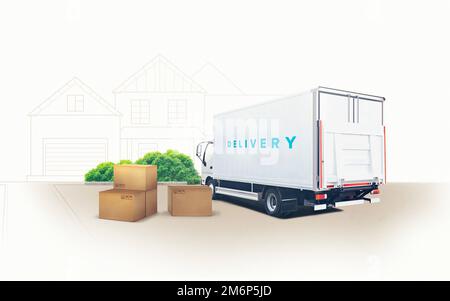 LKW, der in Kartons verpackte Waren vom Lager zum Haus transportiert. Lieferfracht. Frachttransport in den USA Stockfoto