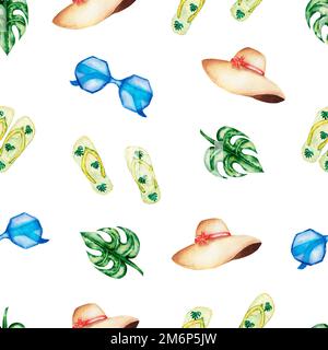 Wasserfarbenes Reisemuster, tropische Blätter, Sonnenbrille, Hut, Flip Flops. Wasserfarben, lustige Urlaubsaktivität, tropische Reiseanschauung. Insel Stockfoto