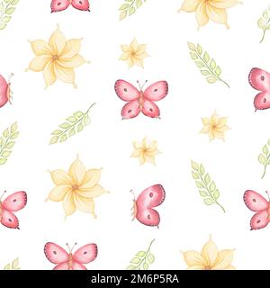 Nahtlose gelbe Blüten mit Frühlingsmuster, grüne Blätter und fliegende Schmetterlinge. Handgezeichnete Aquarelldarstellung auf weißem Hintergrund. Stockfoto