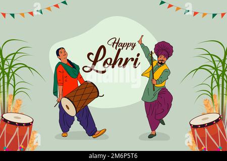 Fröhliche Lohri-Kalligraphie mit Punjabi-Paar-Tanz und indischem Punjabi-Festival-Hintergrundvektor für Bannerdesign, Post in sozialen Medien und Einladung Stockfoto