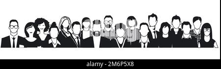 Personengruppe Porträt, schwarz weiße Gesichter auf weißem Hintergrund. Illustration Stockfoto