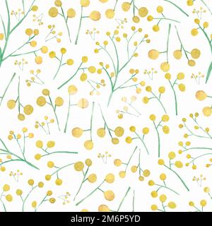Wasserfarbenes, handgezeichnetes nahtloses Muster mit Frühlingsblumen gelber Mimosa auf weißem Hintergrund. Stockfoto