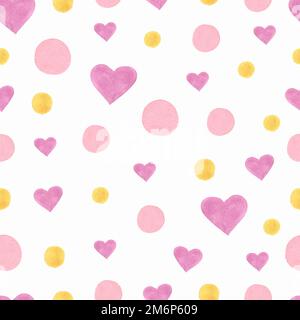 Aquarell Pink und gelbe Punkte und Herzen. Handgezeichneter, nahtlos abstrakter Hintergrund für den Druck auf Stoff oder Geschenkpapier. Aquarelle, hört Stockfoto