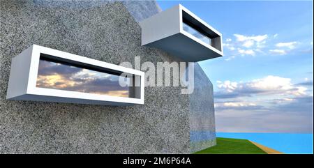 Das Projekt der Unterbringung der Zukunft, das in den Felsen aus grauem Granit auf einer künstlichen Insel im offenen Meer gebaut wurde. 3D-Rendering. Stockfoto