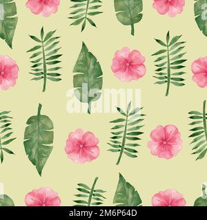 Aquarell Hand zeichnet tropische Rosinenblüten und grüne Blätter auf gelbem Hintergrund. Stockfoto