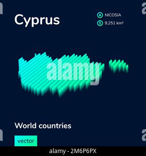 Stilisierte Neon-Karte einfacher digitaler isometrischer gestreifter Vektor Zypern mit 3D-Effekt. Stock Vektor