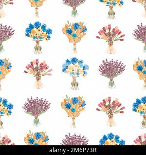 Aquarelle Wildblumen nahtloses Blumenmuster, zarte Blumenstrauß Tapete mit Lavendelblumen und Weizen, verschiedene Wildblumen Hintergrund. Stockfoto