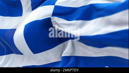 Nahaufnahme der griechischen Nationalflagge, die im Wind winkt Stockfoto