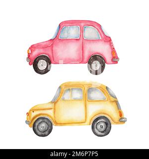 Aquarell-Set mit gelbem Auto und rotem Auto auf weißem Hintergrund. Handgezogener Transport. Stockfoto