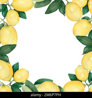 Aquarelle mit Ästen mit gelben Zitronen und grünen Blättern. Aquarelle Kranzzeichnung für Grußkarte mit Platz für Text, Einladung. Stockfoto