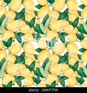 Wasserfarbenes, nahtloses Muster mit Zitronen. Handbemalte Zitrusverzierung auf weißem Hintergrund für Ihr Design Stockfoto