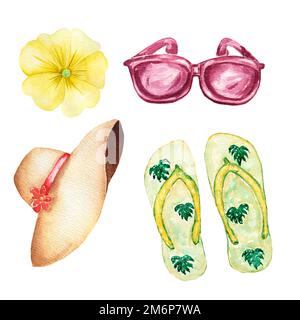 Handgezeichneter Sommerstrand in Aquarellfarben. Flip-Flops, Sonnenbrille, Hut und gelbe tropische Blume isoliert auf weißem Hintergrund. Stockfoto