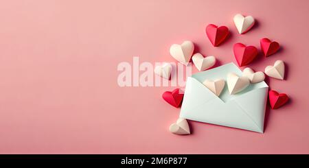 Liebesbriefumschlag mit handgefertigten Herzen aus Papier – flach liegend auf pinkfarbenen Valentinstag- oder Jubiläumshintergrund mit Kopierbereich Stockfoto