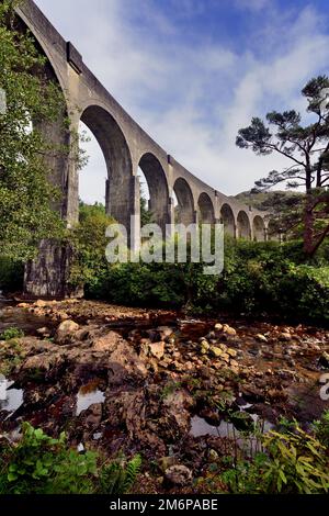 Glenfinnan-Viadukt, vom Finnan aus gesehen, im schottischen Hochland. Stockfoto