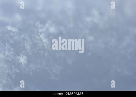 Natürliche Schneeflocken auf Schnee, Foto echter Schneeflocken. Winterschnee im Hintergrund. Nahaufnahme der Schneeflocke. Makrofoto. Speicherplatz kopieren Stockfoto