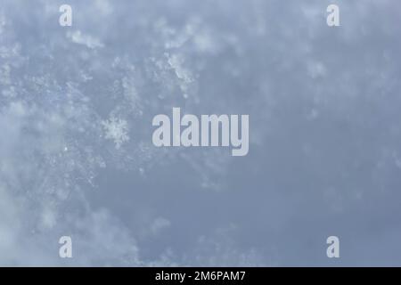 Natürliche Schneeflocken auf Schnee, Foto echter Schneeflocken. Winterschnee im Hintergrund. Nahaufnahme der Schneeflocke. Makrofoto. Speicherplatz kopieren Stockfoto